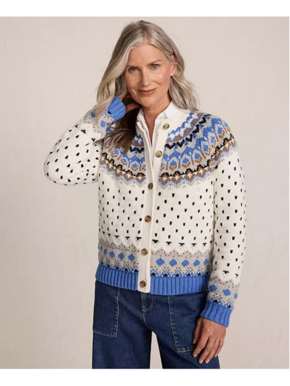 Lands' End Lofty Birdseye Fair Isle Cardigan Sweater Cozy Layering Womens Large